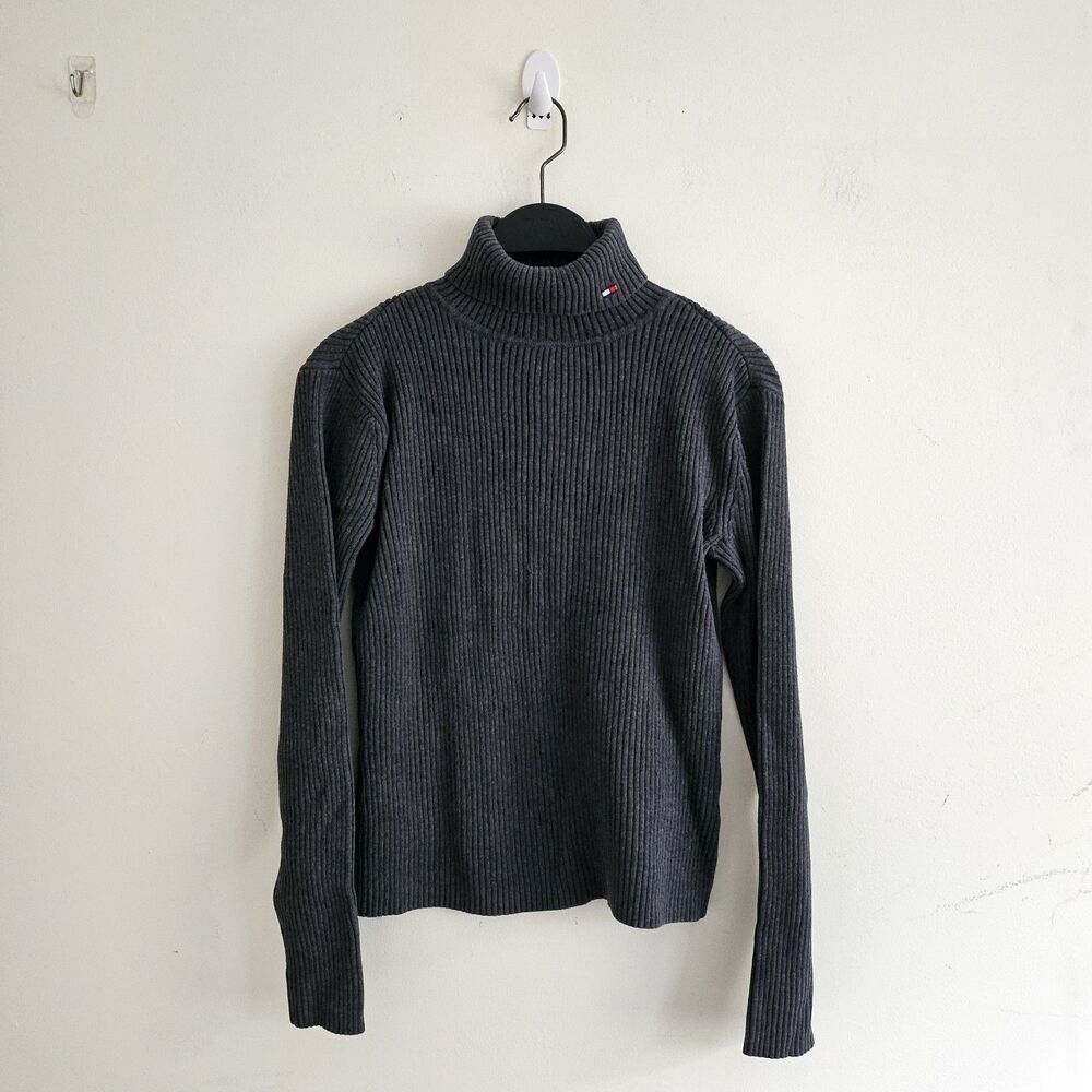 Vintage Y2K Tommy Hilfiger Charcoal Grey Ribbed Turtleneck Sweater S